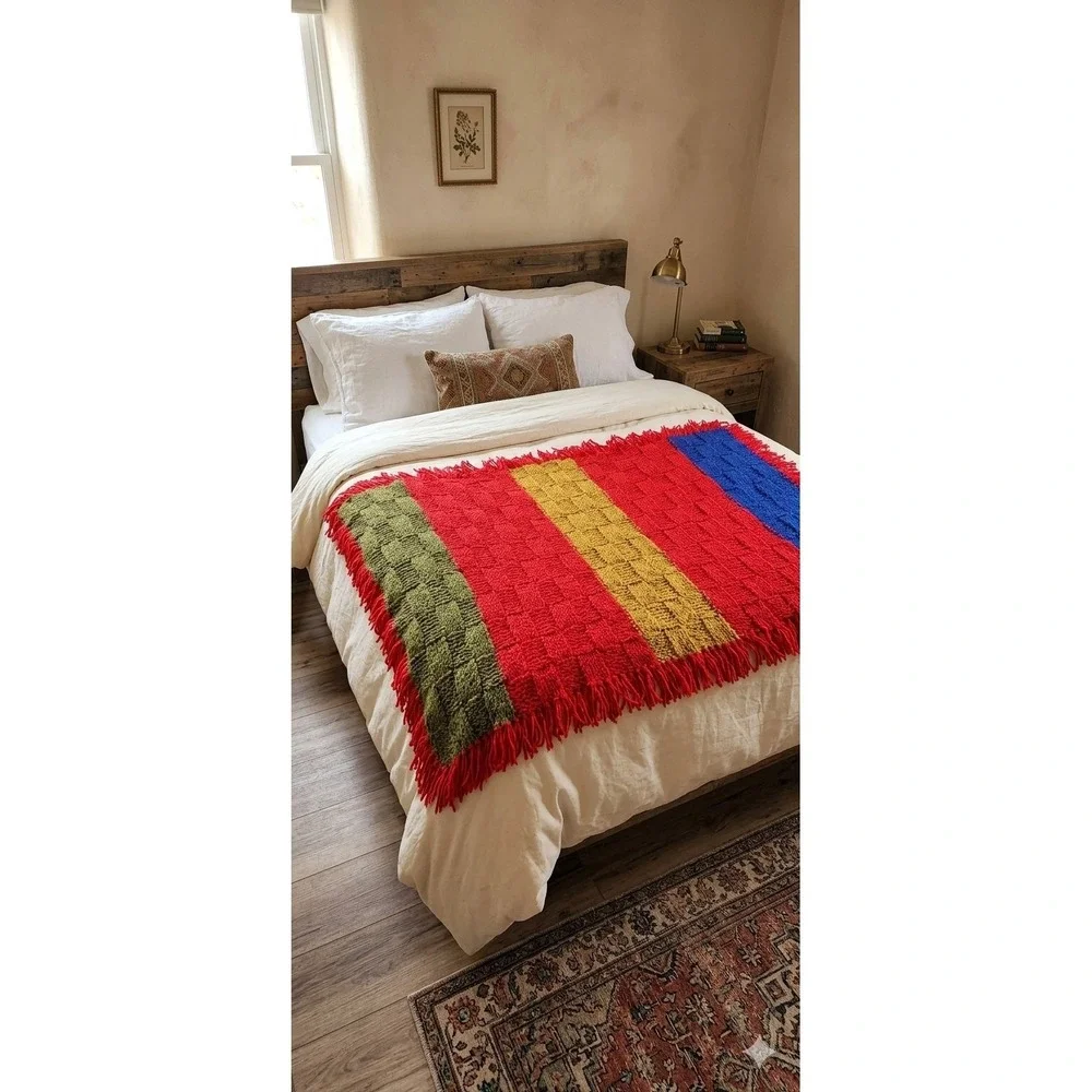 Vintage Large Colorful Crocheted Afghan Blanket Throw 67x43 Grannycore